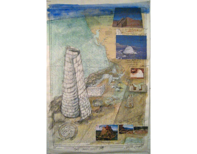 Sal Non Sal<br>nautical map, graphite, watercolor, and photo collage<br>48in x 36in